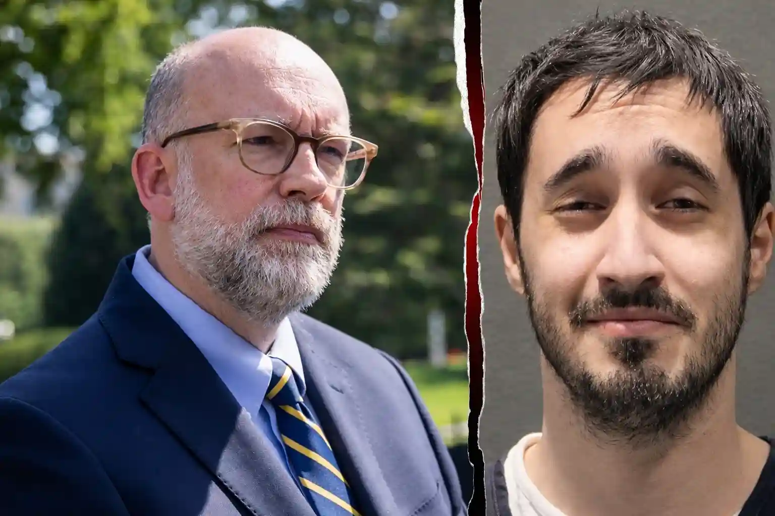 Colin Demarco in a suit (left) and his mugshot (right) after arrest.