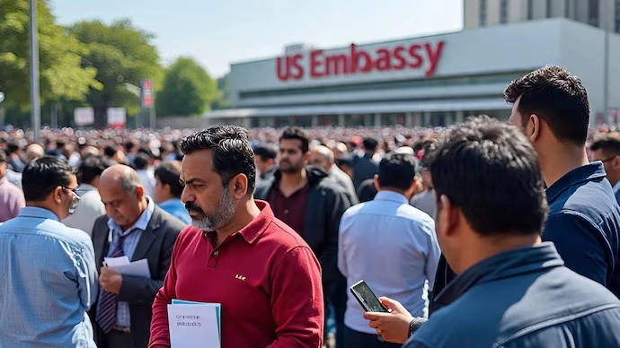 People wait outside a U.S. embassy for visa processing amid new travel restrictions