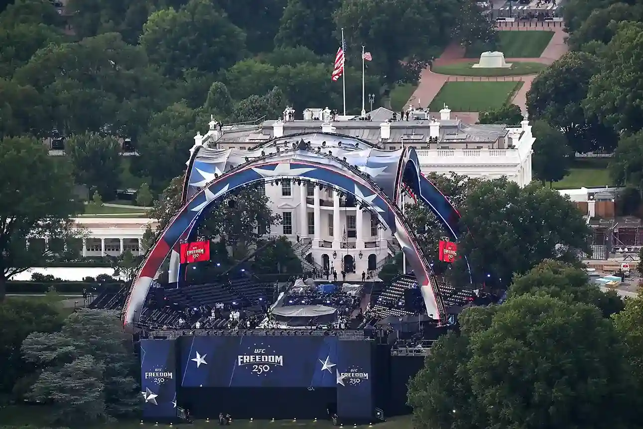 UFC Freedom 250 event arena set up on the White House South Lawn with the White House visible in the background.