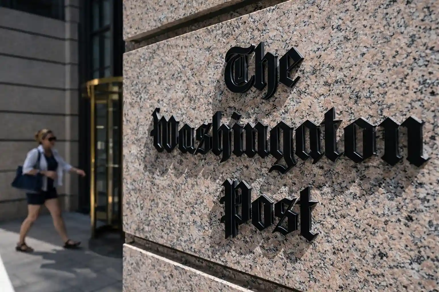 Entrance sign of The Washington Post headquarters in Washington, DC